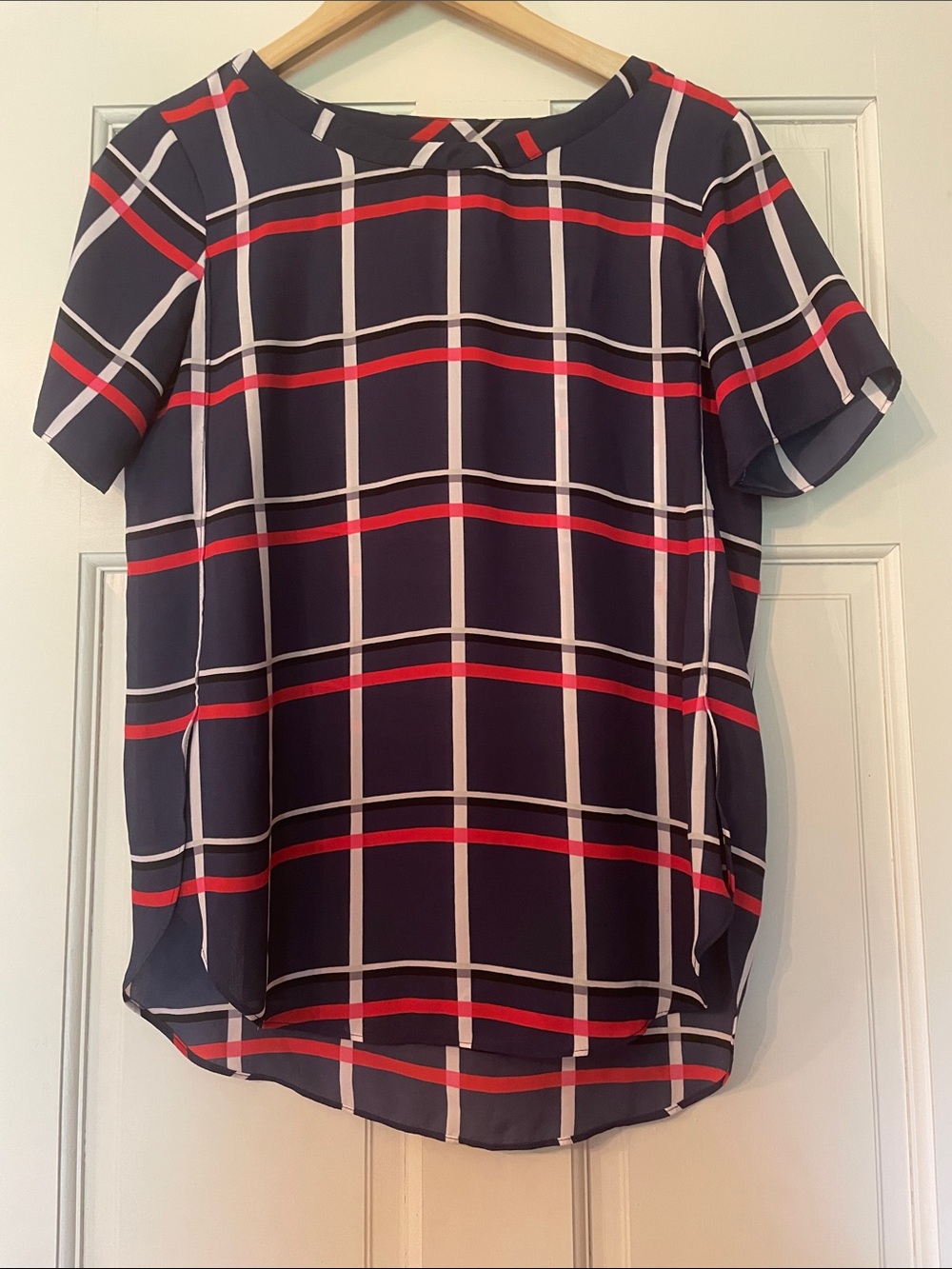 Banana Republic-Navy Plaid Short Sleeve Top with Red & White Windowpane—Size XS